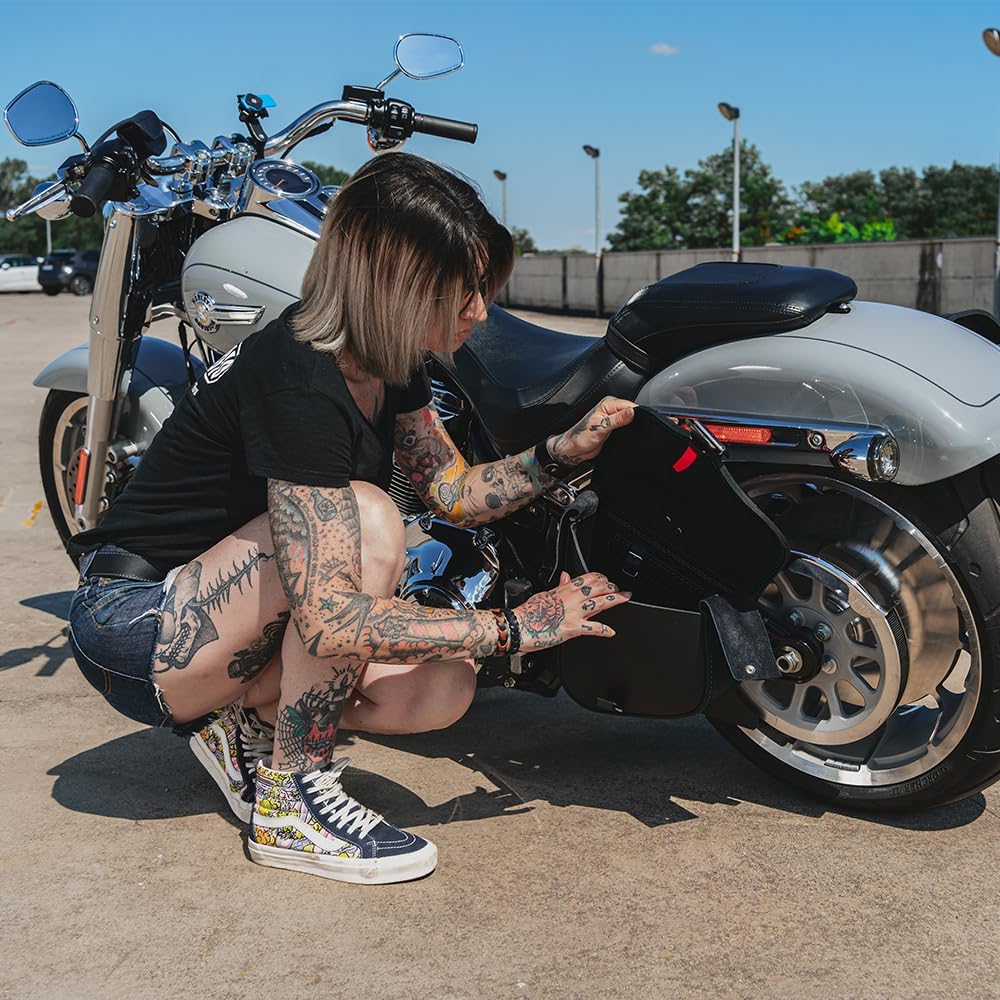 Sac à Bras oscillant en Cuir véritable Compatible avec Harley Davidson Softail Low Rider S, Fat Bob, Street Bob, Fat Boy, Breakout - Fermeture magnétique Rapide (Coutures Noire)