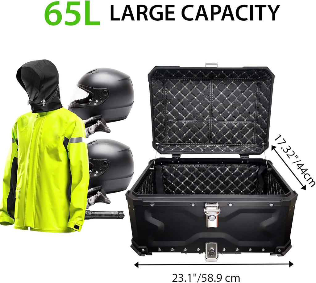 Top Case Moto, 65L Alliage d'aluminium Coffre Moto, étanche Anti-poussière et Antivol, Coffre à Bagages pour Rangement Casques, Top Case Scooter avec Dossier et Plaque de Base (Noir)