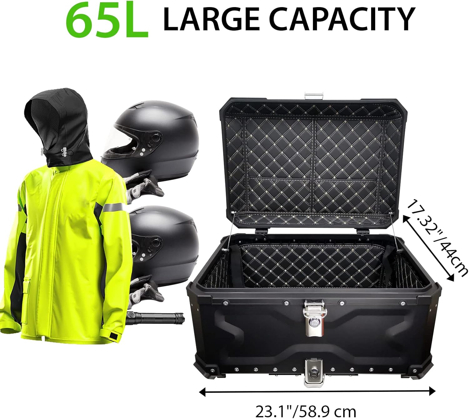 Top Case Moto, 65L Alliage d'aluminium Coffre Moto, étanche Anti-poussière et Antivol, Coffre à Bagages pour Rangement Casques, Top Case Scooter avec Dossier et Plaque de Base (Noir)