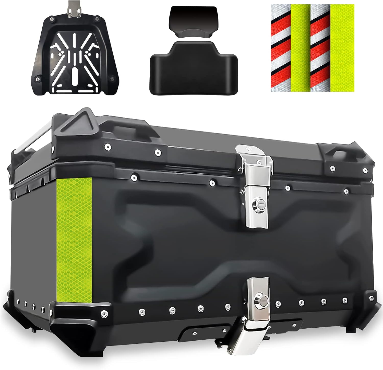 Top Case Moto, 65L Alliage d'aluminium Coffre Moto, étanche Anti-poussière et Antivol, Coffre à Bagages pour Rangement Casques, Top Case Scooter avec Dossier et Plaque de Base (Noir)