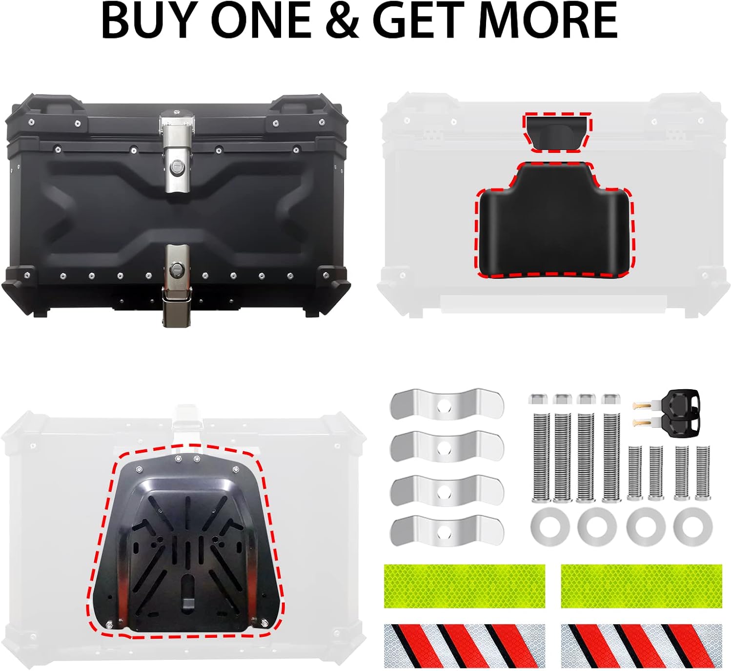 Top Case Moto, 65L Alliage d'aluminium Coffre Moto, étanche Anti-poussière et Antivol, Coffre à Bagages pour Rangement Casques, Top Case Scooter avec Dossier et Plaque de Base (Noir)