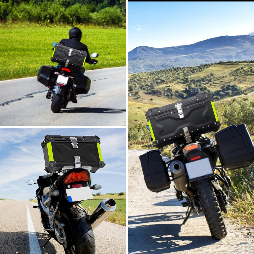 Top Case Moto, 65L Alliage d'aluminium Coffre Moto, étanche Anti-poussière et Antivol, Coffre à Bagages pour Rangement Casques, Top Case Scooter avec Dossier et Plaque de Base (Noir)
